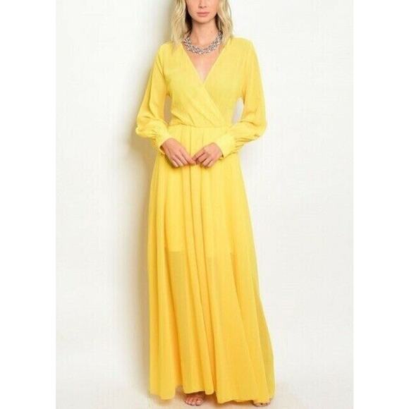Los Angeles Boutique V Neck Long Sleeve Chiffon Soft Yellow Maxi Dress Belted M - Picture 11 of 12